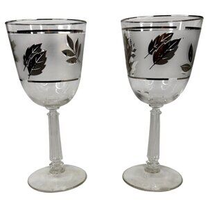 2 Libbey silver Leaf Frosted Water Glasses Wine Goblets Vintage Set MCM Barware